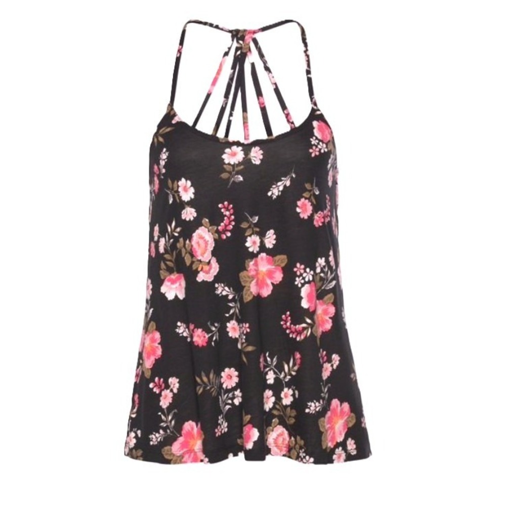 Lascana for Venus Womens Large Black Floral Strappy Cage Back Camisole Tank Top